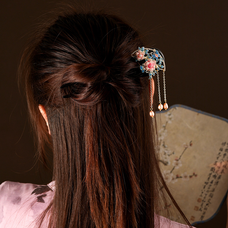 黒檀 U型かんざし 天然木  牡丹 淡水パール  Uピン 簪 和装 着物 成人式 結婚式 ヘアアクセサリー