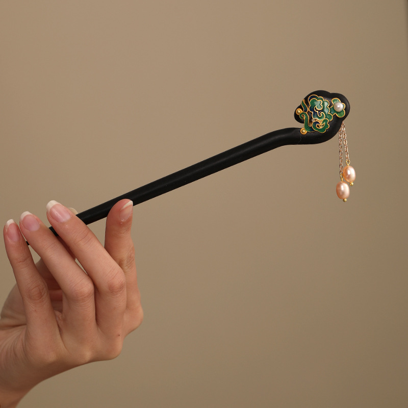 黒檀 かんざし 天然木 簪 雲柄 パール ヘアピン 和風 着物 浴衣 結婚式 パーティー 髪飾り