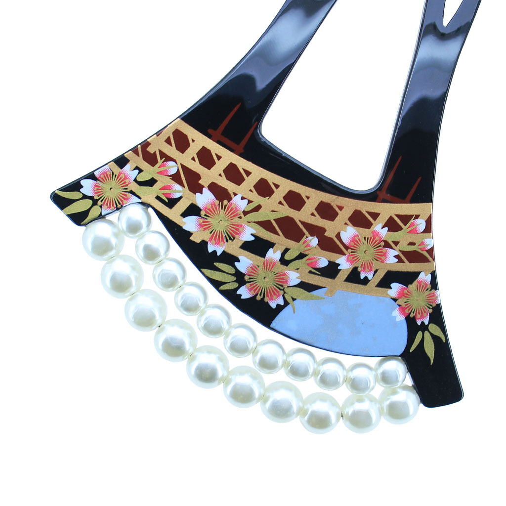 かんざし べっ甲風  髪飾り パール付き バチ型 簪 桜蒔絵 結婚式 和装 留袖