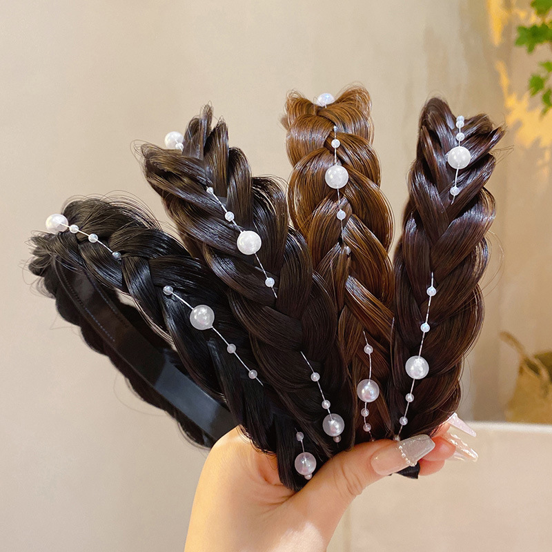 髪飾り成人式 三つ編みウィッグカチューシャ  パールチェーン付き レディース  カチューシャ 簡単ヘアアレンジ 結婚式 二次会