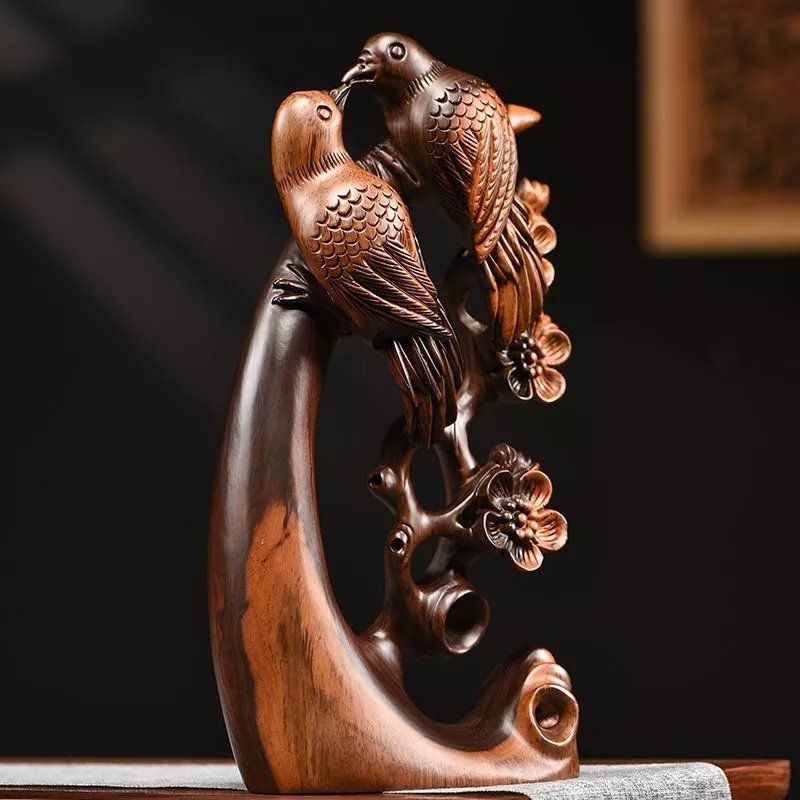 黒檀木彫り カササギ 鵲 置物 縁起物 吉祥 開運 喜び インテリア 玄関飾り 贈り物 木製