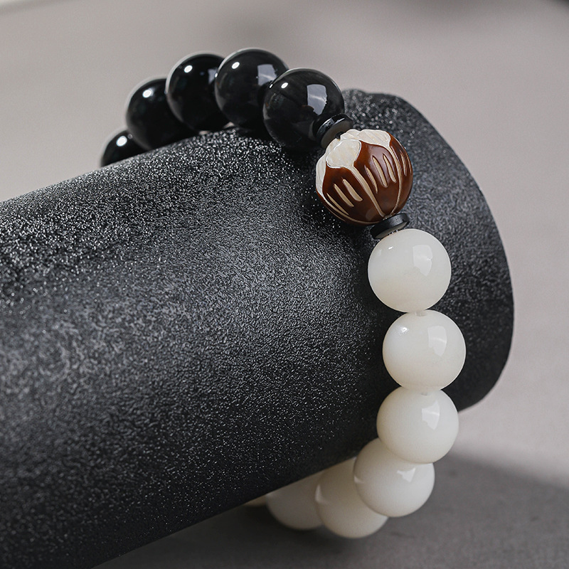 数珠ブレスレット 女性用 男性用 黑曜石 菩提樹 12mm 蓮の花彫り ブレスレット 腕輪数珠 御守り 