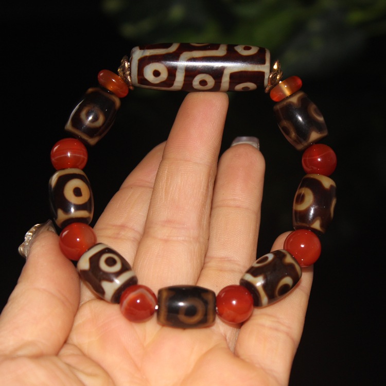 天珠ブレスレット 天然石 パワーストーン  九眼天珠+三眼天珠+瑪瑙(メノウ) ブレスレット  メンズ レディース