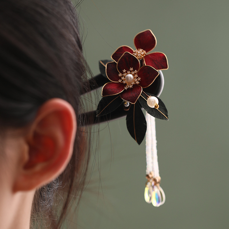 高級感 髪飾り かんざし Uピン 簪  ビロード花 手作り 天然檀木 普段使い 結婚式 浴衣 和装