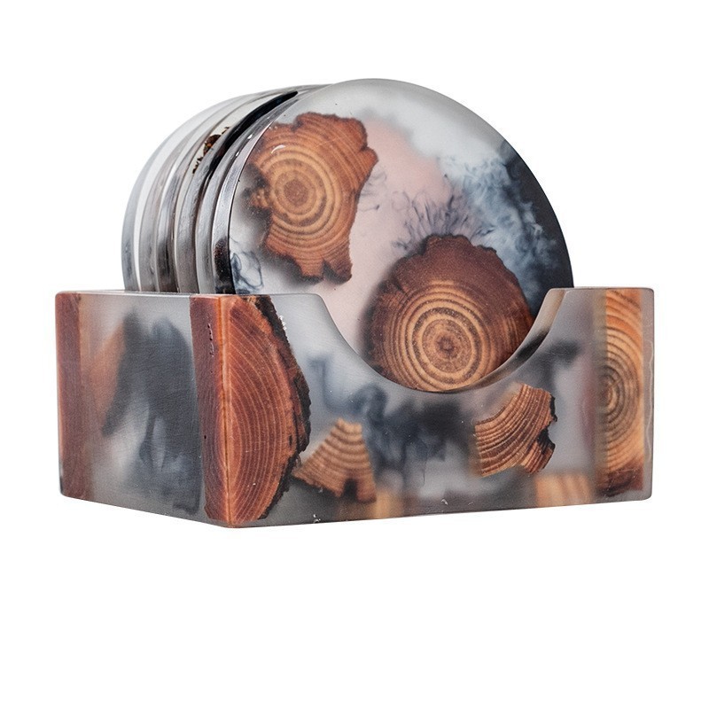 コースター 6枚セット 天然木埋め込み じゅし製 収納ケース付き 丸型 耐水 耐熱コースター おしゃれ  キッチン雑貨 シンプル モダン ナチュラル お茶 カフェ