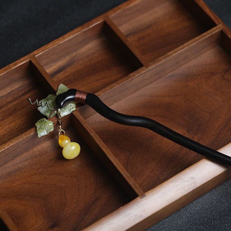 黒檀かんざし 天然木 簪 福禄ひょうたん ヘアスティック 一本挿し 髪飾り 和風 普段使い