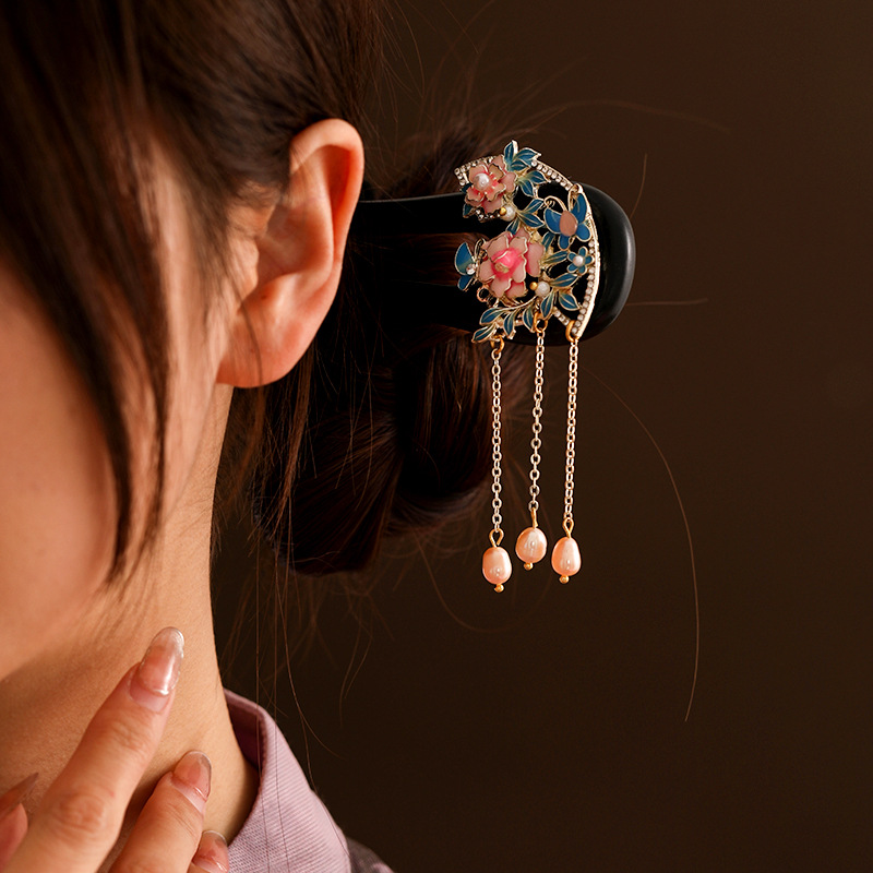 黒檀 U型かんざし 天然木  牡丹 淡水パール  Uピン 簪 和装 着物 成人式 結婚式 ヘアアクセサリー