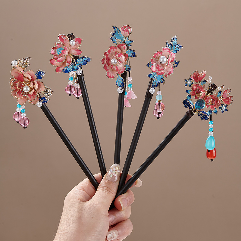 木製かんざし 木簪 七宝焼き 牡丹 かんざし  花飾り 一本差し普段使い 結婚式 