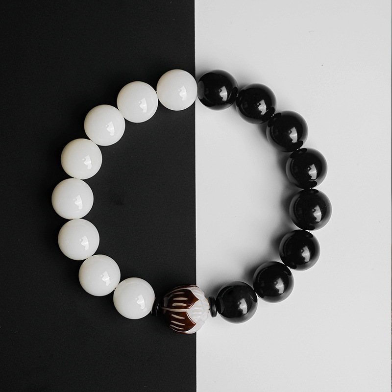 数珠ブレスレット 女性用 男性用 黑曜石 菩提樹 12mm 蓮の花彫り ブレスレット 腕輪数珠 御守り 