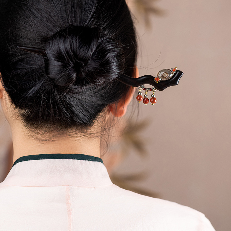 かんざし 一本差し 簪 黒檀 赤い天然石 和装 普段使い 成人式 留袖用