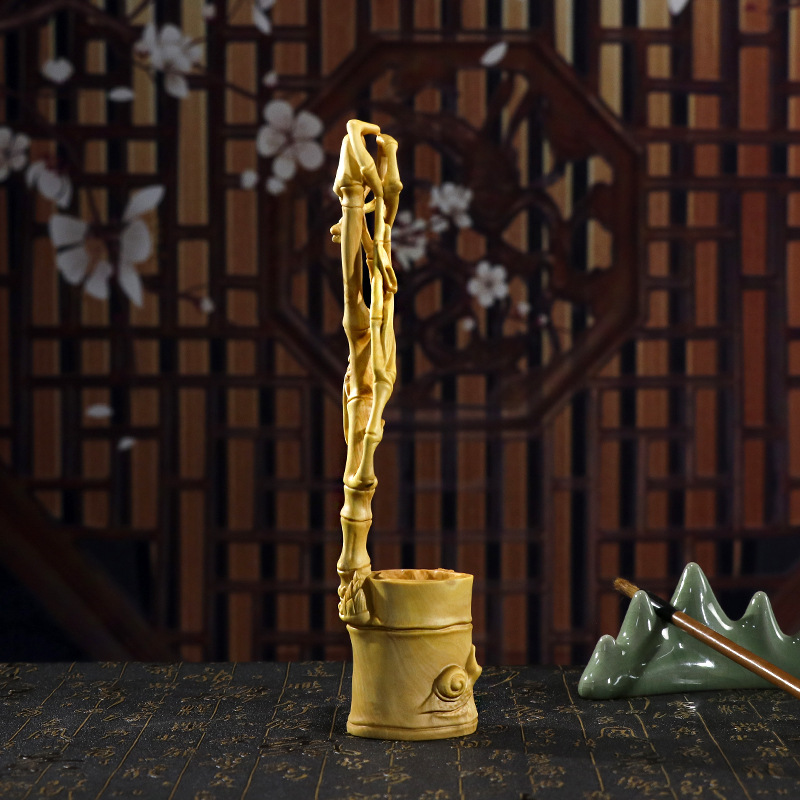 天然木 筆立 ペン立て 置物 柘植 つげ 竹 蝉 木彫り プレゼント