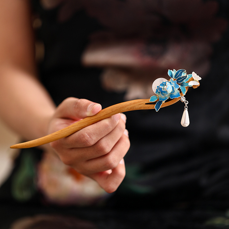 緑檀 かんざし 天然木 簪 一本差し 牡丹かんざし パール 髪飾り 女性用 和風 花柄 普段使い 結婚式 成人式 留袖式