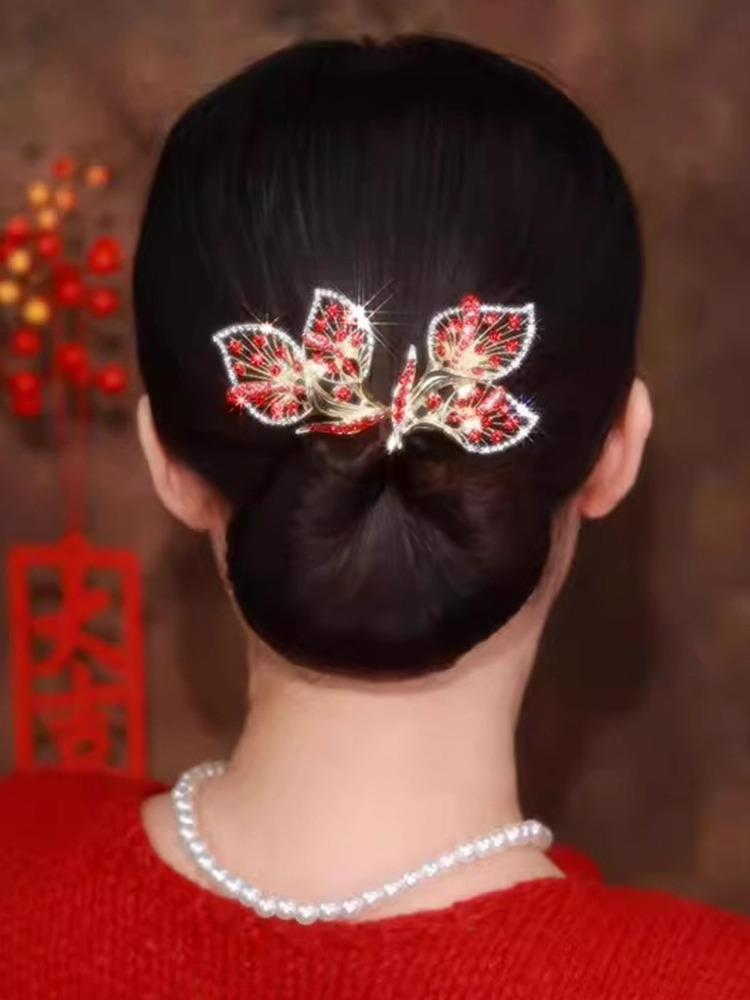  ヘアクリップ ワイヤー入り ツイストバー ラインストーン 葉  お団子ヘア 髪飾り まとめ髪  ヘアアクセサリー