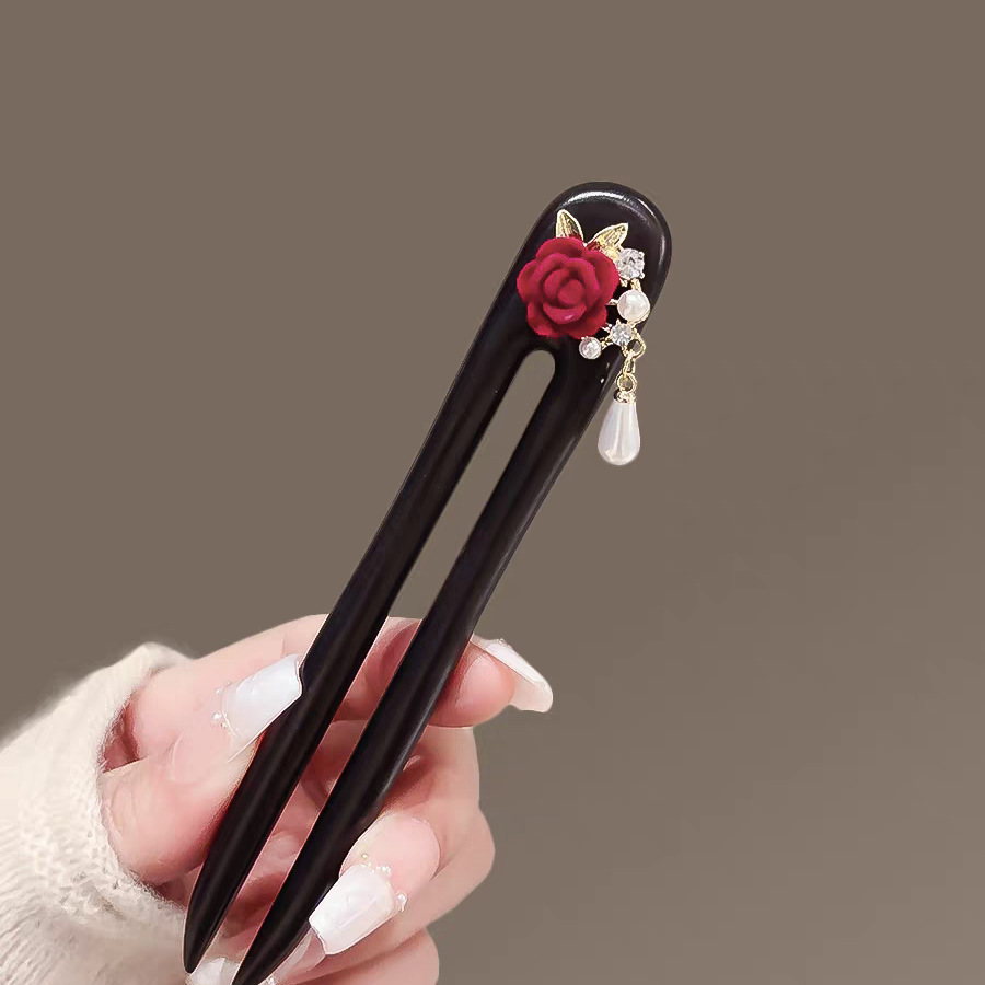  黒檀木 U字型 ローズのかんざし 木簪 ビロードローズ 髪飾り 和風 和装 普段使い 成人式 留袖用