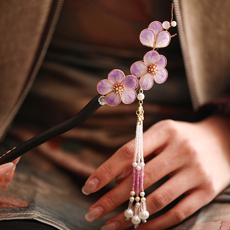 かんざし 一本簪 紫ビロード花  天然檀木 和風 髪飾り ヘアピン 普段使い 成人式 留袖用