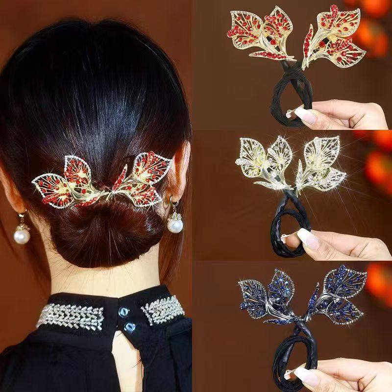  ヘアクリップ ワイヤー入り ツイストバー ラインストーン 葉  お団子ヘア 髪飾り まとめ髪  ヘアアクセサリー