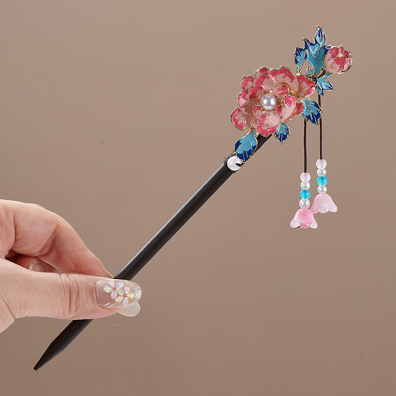 木製かんざし 木簪 七宝焼き 牡丹 かんざし  花飾り 一本差し普段使い 結婚式 