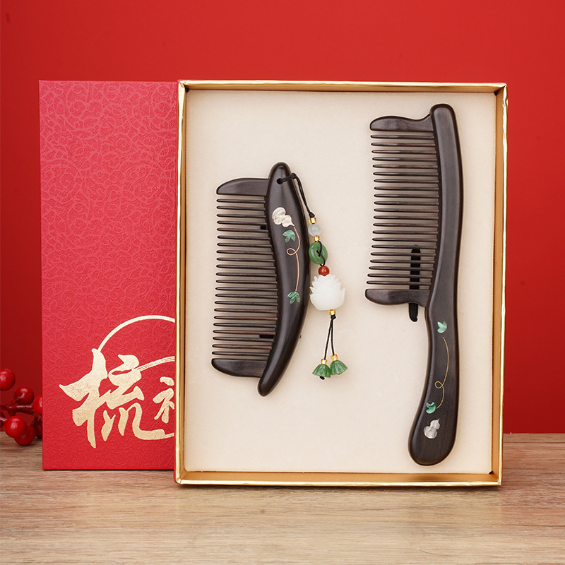 櫛 2本セット くし 木製 高級 コーム 檀木 解櫛 手付櫛 ヘアブラシ 静電気防止 頭皮ケア 敬老の日 母の日 ギフト ギフトボックス付き 