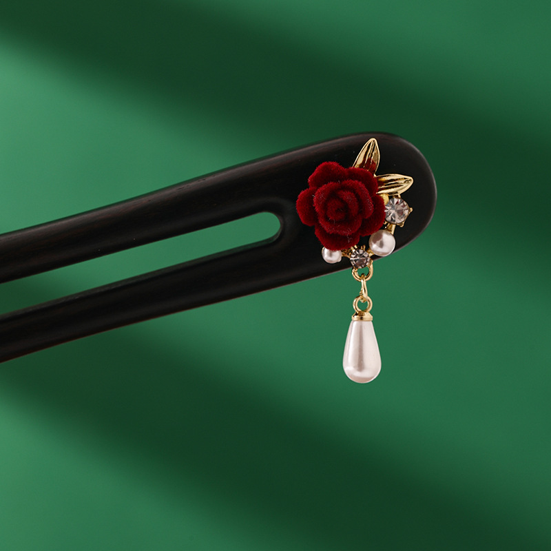  黒檀木 U字型 ローズのかんざし 木簪 ビロードローズ 髪飾り 和風 和装 普段使い 成人式 留袖用