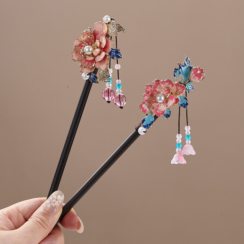 木製かんざし 木簪 七宝焼き 牡丹 かんざし  花飾り 一本差し普段使い 結婚式 