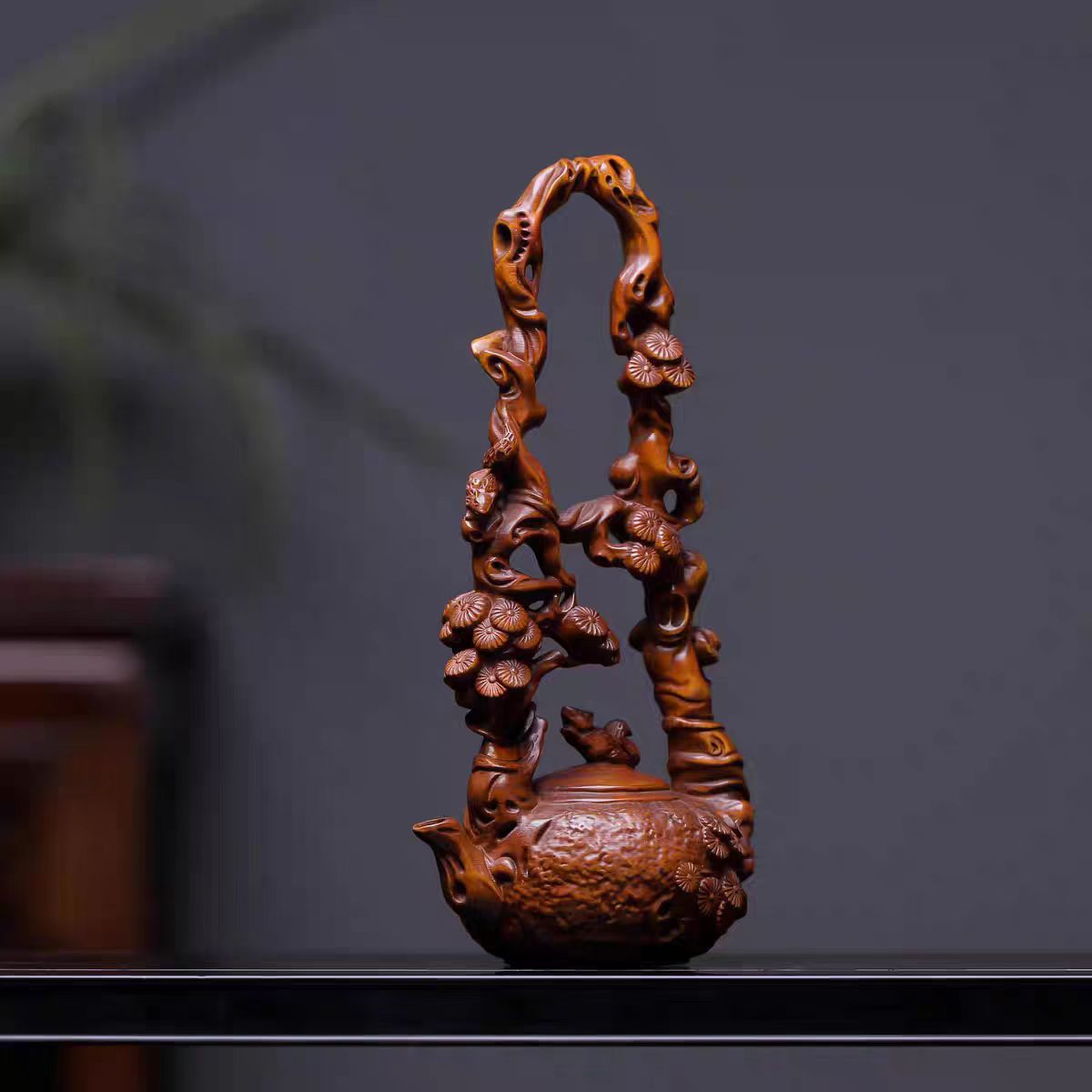 柘植 ツゲ 茶壷 急須 置物 木彫りオブジェ インテリア 小物 高12cm