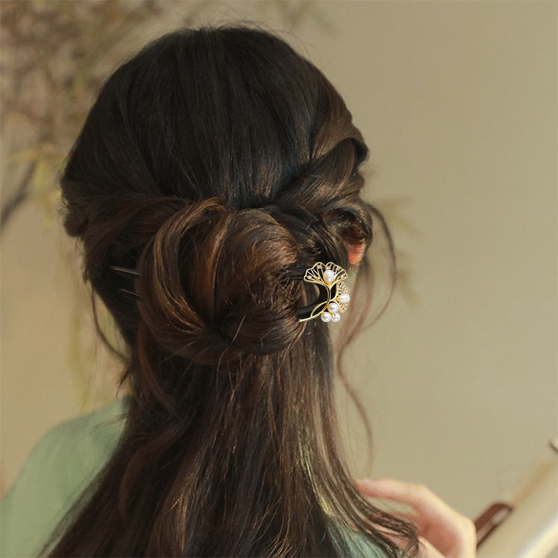 かんざし 天然木 簪 U字 ヘアピン 檀木 真珠 銀杏 和風 普段使い 成人式 留袖用    