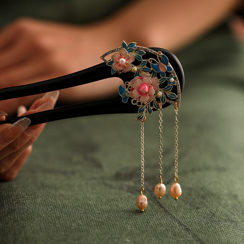 黒檀 U型かんざし 天然木  牡丹 淡水パール  Uピン 簪 和装 着物 成人式 結婚式 ヘアアクセサリー
