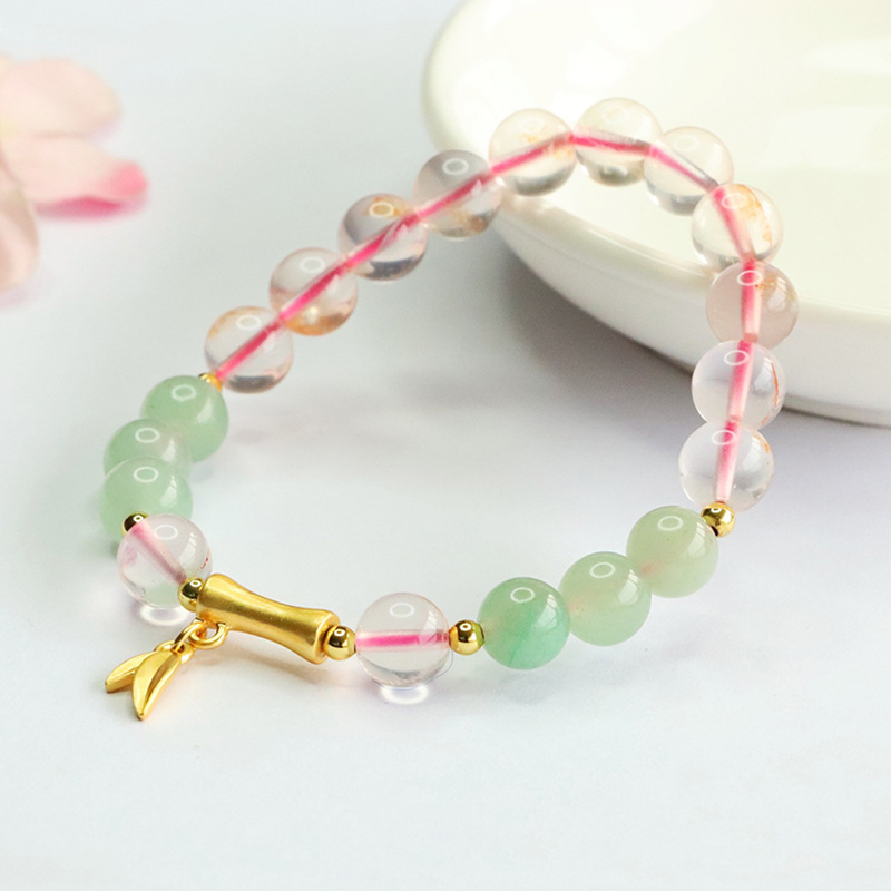 パワーストーン ブレスレット ローズクォーツ クラック水晶 グリーンアベンチュリン 竹の葉 天然石ブレスレット レディース 女友達  誕生日プレゼント 