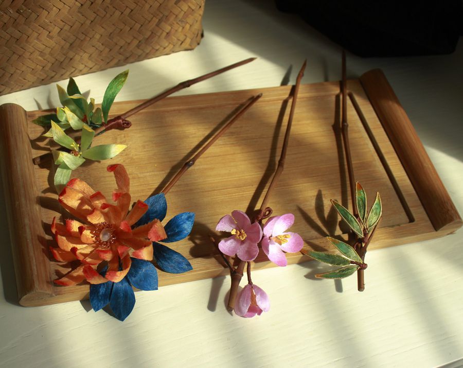かんざし 天然竹 簪 絨花 梅 蘭 竹 菊 和風 ヘアアクセサリー 成人式 七五三 卒業式 入学式 