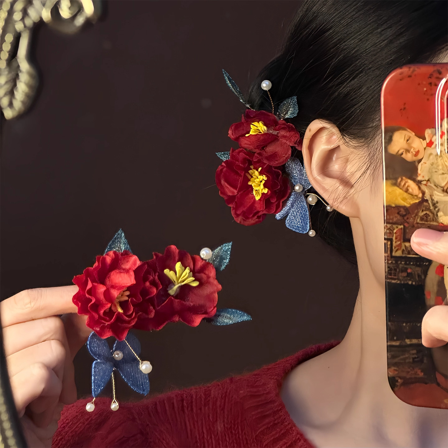 ヘアクリップ  髪飾り 赤 造花 ヘアピ ヘアアクセサリー 成人式 卒業式 和装 花嫁 ヘッドドレス 