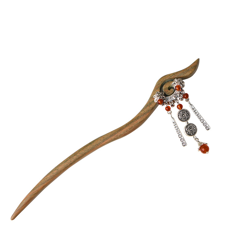 緑檀木 かんざし 簪 天然木 シルバー 房飾り 赤瑪瑙 髪飾り 普段使い まとめ髪 中華風かんざし