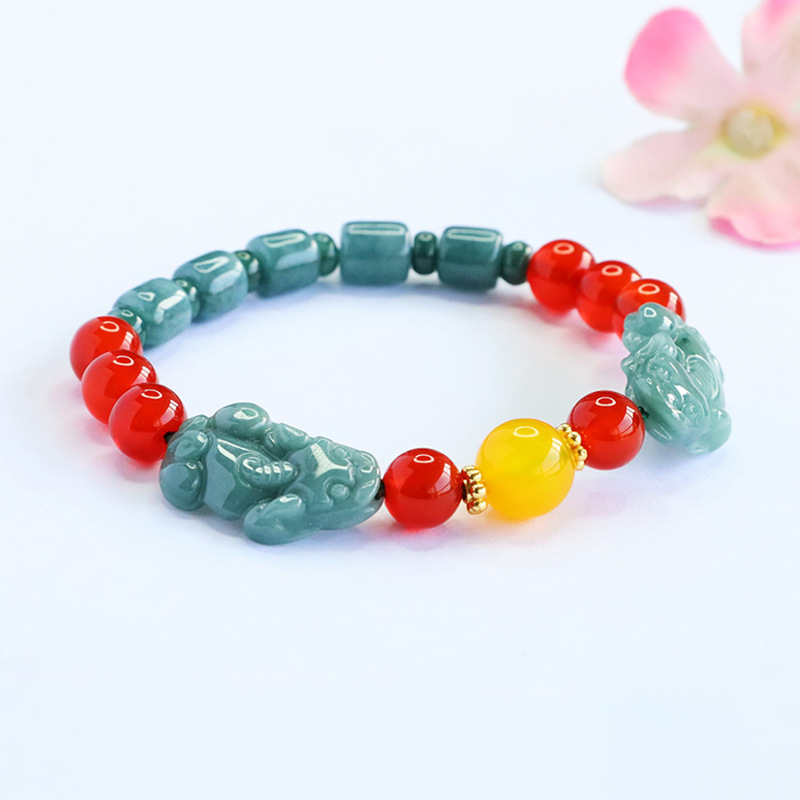 パワーストーン ブレスレット 天然石  本翡翠（ジェイド）貔貅 ヒキュウ 瑪瑙 腕輪ブレスレット 女性用 プレゼント