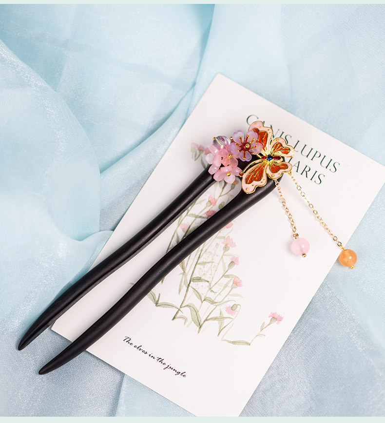 黒檀 U字かんざし 天然木 簪 蝶々 花飾り 成人式 髪飾り まとめ髪 和風 着物  