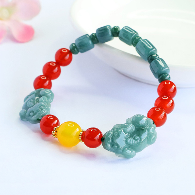 パワーストーン ブレスレット 天然石  本翡翠（ジェイド）貔貅 ヒキュウ 瑪瑙 腕輪ブレスレット 女性用 プレゼント
