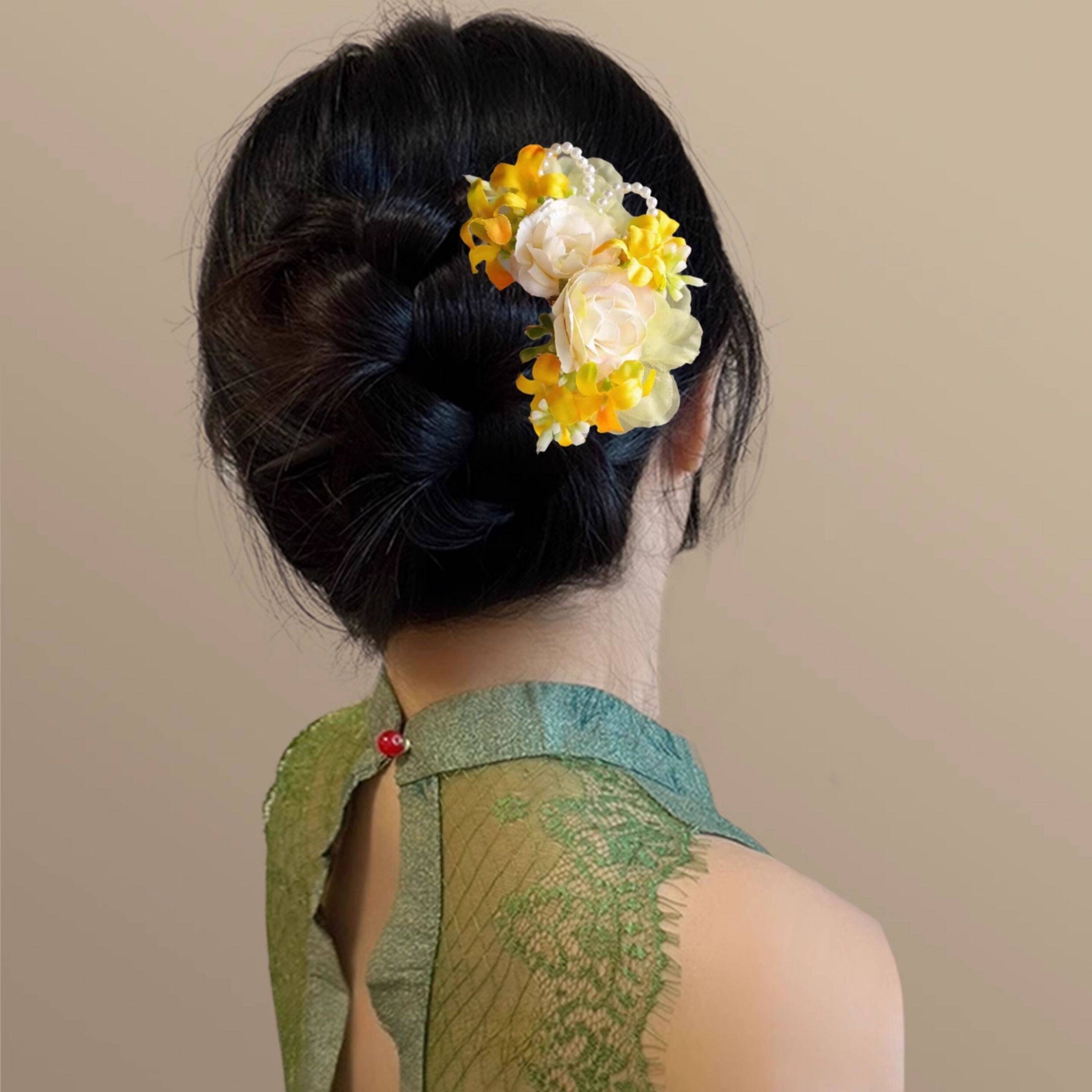 髪飾り 造花  かんざし ヘアコーム  簪 イエロー ホワイト パール 花ピン ヘアピン 髪飾り 振袖 和装 結婚式