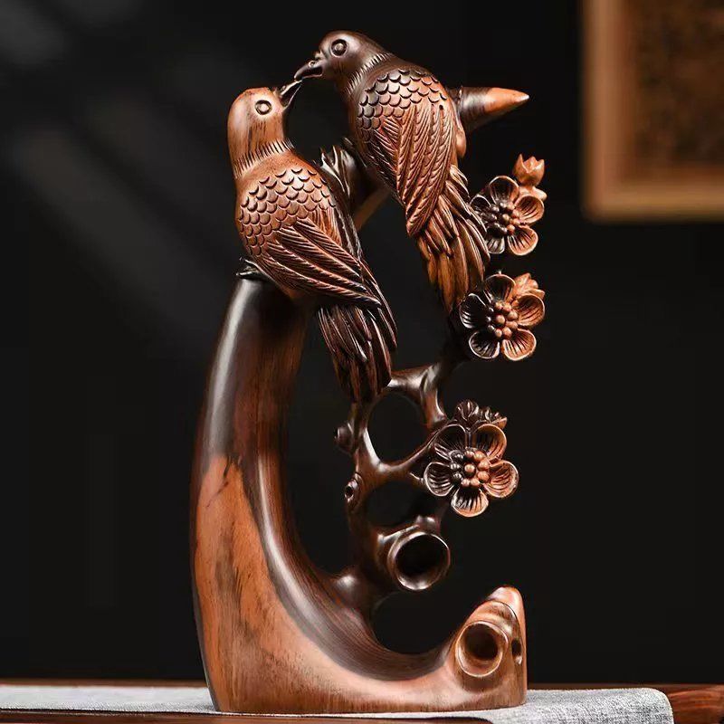 黒檀木彫り カササギ 鵲 置物 縁起物 吉祥 開運 喜び インテリア 玄関飾り 贈り物 木製