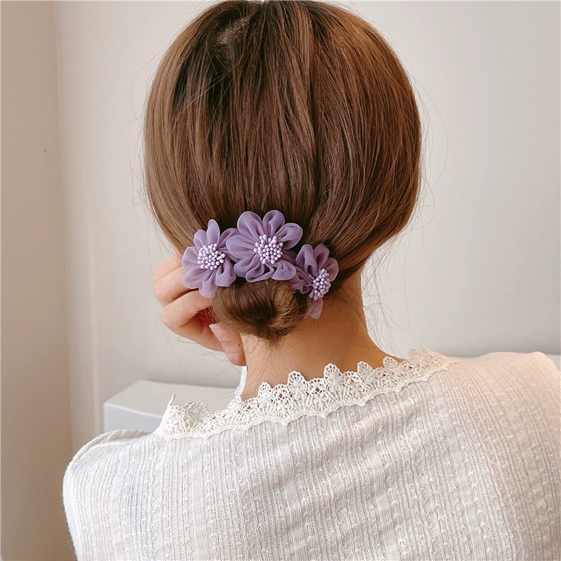 ヘアツイストクリップ レディース ネットフラワー  ヘアクリップ    お団子  ヘアアクセサリー  おしゃれ ファッション 