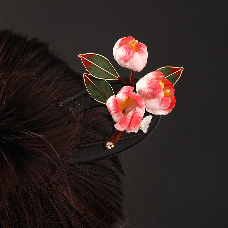 黒檀木 かんざし 椿の花 U字型 簪 和風 普段使い 成人式 着物 クラシカル 上品  髪飾り