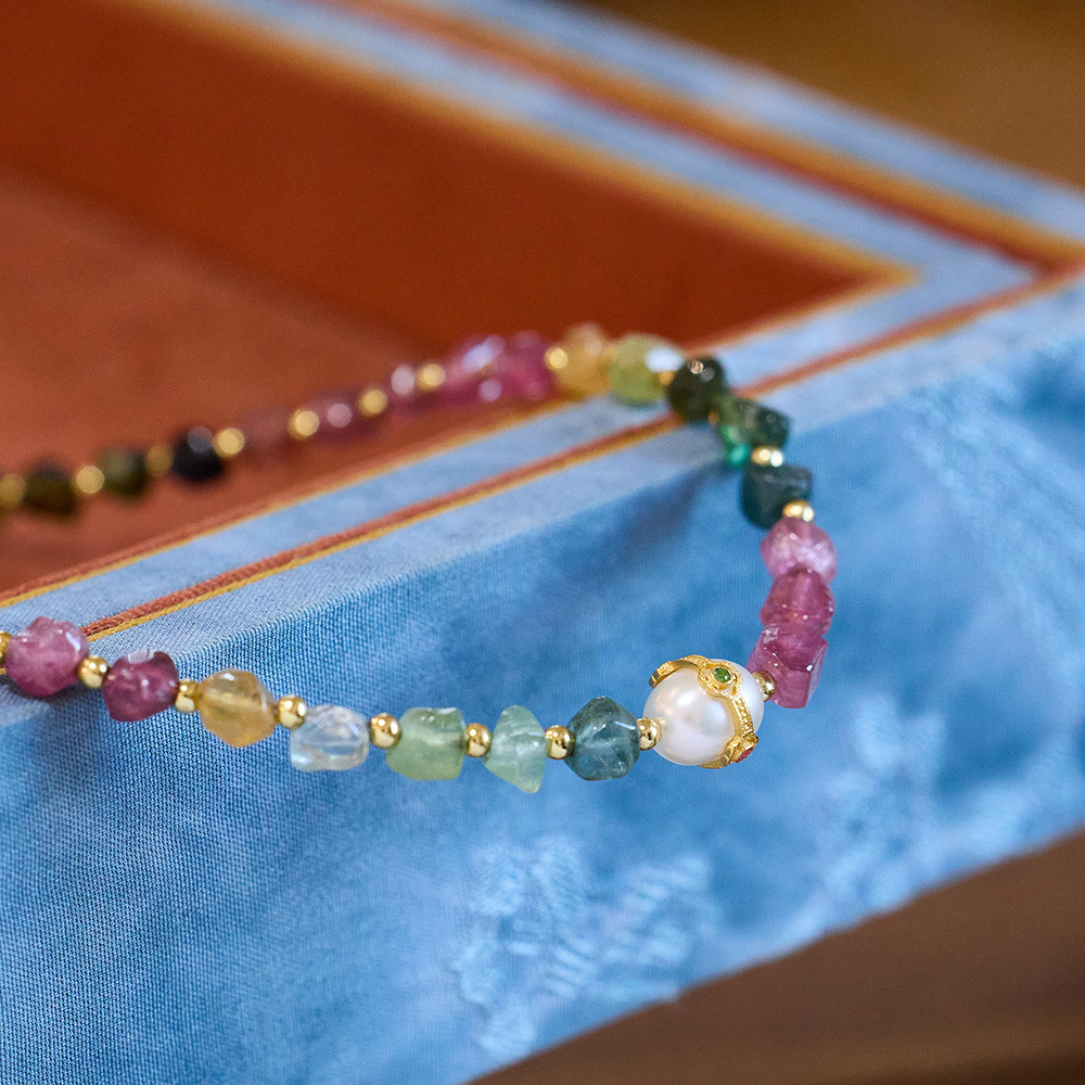 高品質 天然石 トルマリン ネックレス  マルチカラー 電気石 淡水パール レディース ジュエリー