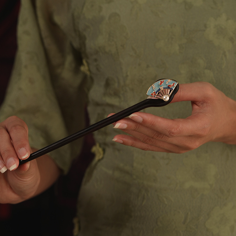 かんざし 木簪 一本差し 黒檀 扇子 真珠 普段使い 成人式 留袖用