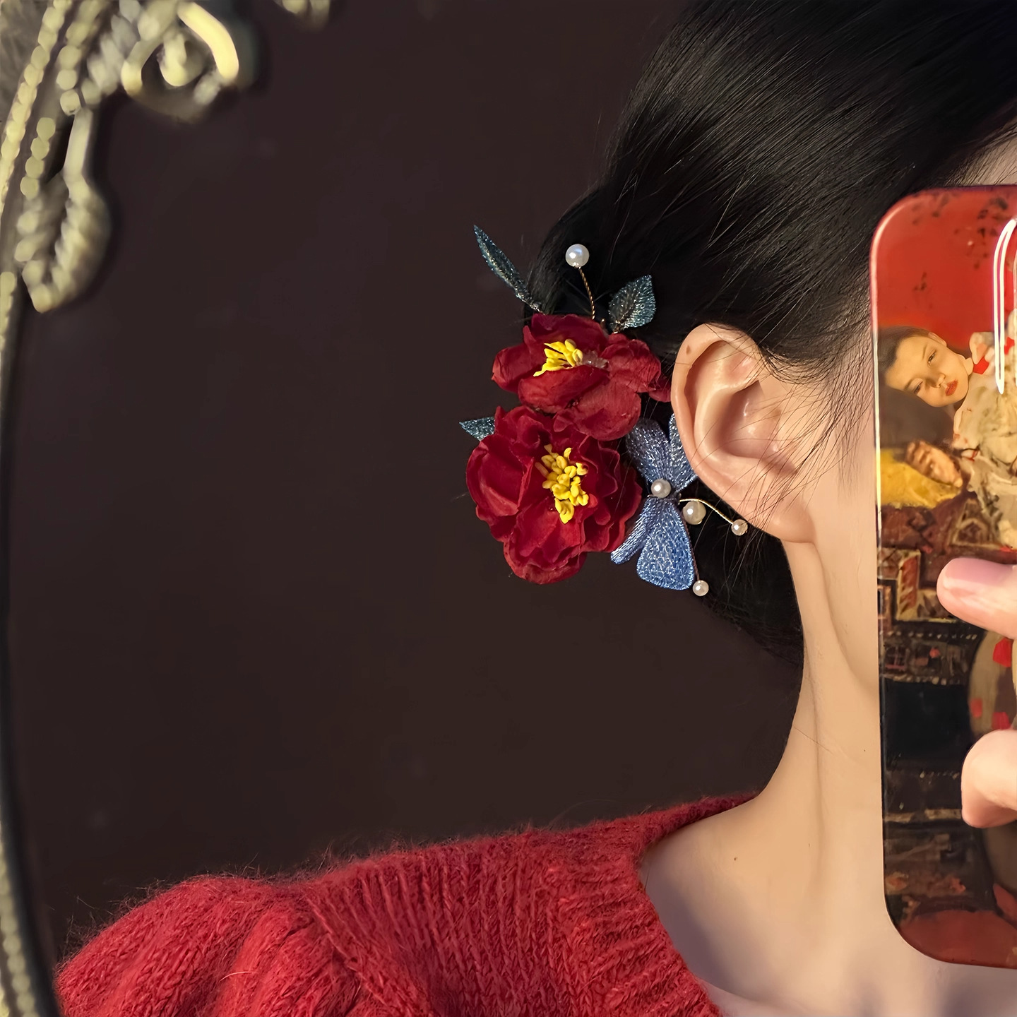 ヘアクリップ  髪飾り 赤 造花 ヘアピ ヘアアクセサリー 成人式 卒業式 和装 花嫁 ヘッドドレス 