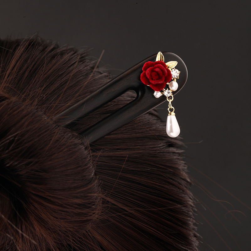  黒檀木 U字型 ローズのかんざし 木簪 ビロードローズ 髪飾り 和風 和装 普段使い 成人式 留袖用