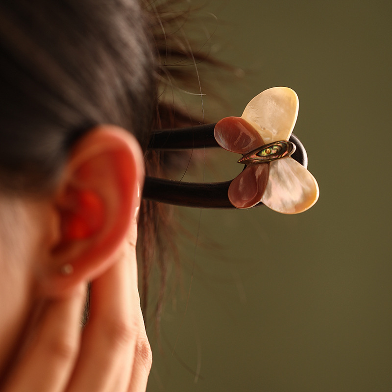 かんざし 簪 U字型 檀木  貝殻の蝶 レディース 和装小物 普段使い 和風