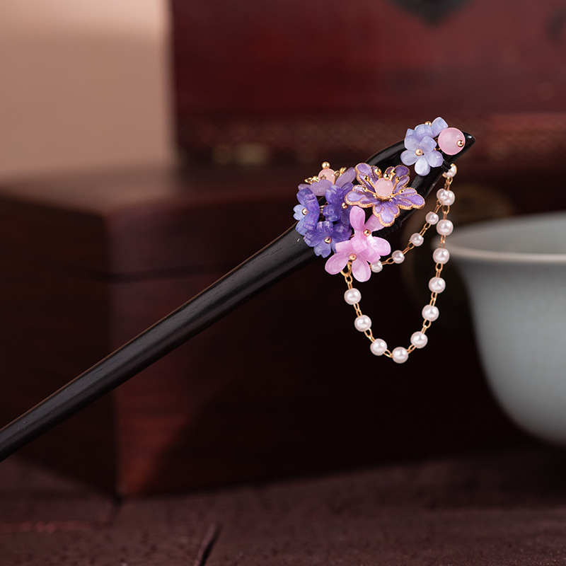 かんざし 木簪  花  一本差し 檀木 桜 パール 髪飾り 和装 留袖 