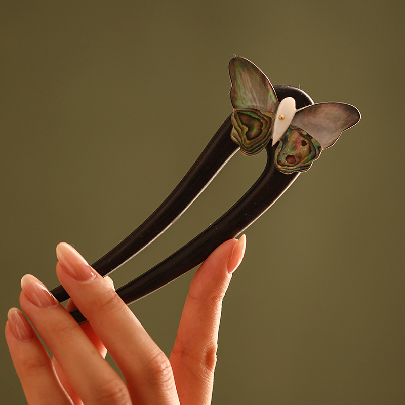 かんざし 簪 U字型 檀木  貝殻の蝶 レディース 和装小物 普段使い 和風