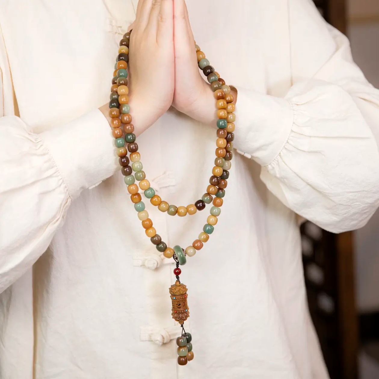 数珠ブレスレット 108玉 腕輪念珠 菩提実 108珠 お守り 煩悩 男性用 女性用メンズ レディース 厄除け 集中 冥想 緑檀  ハンドメイド ブレスレット