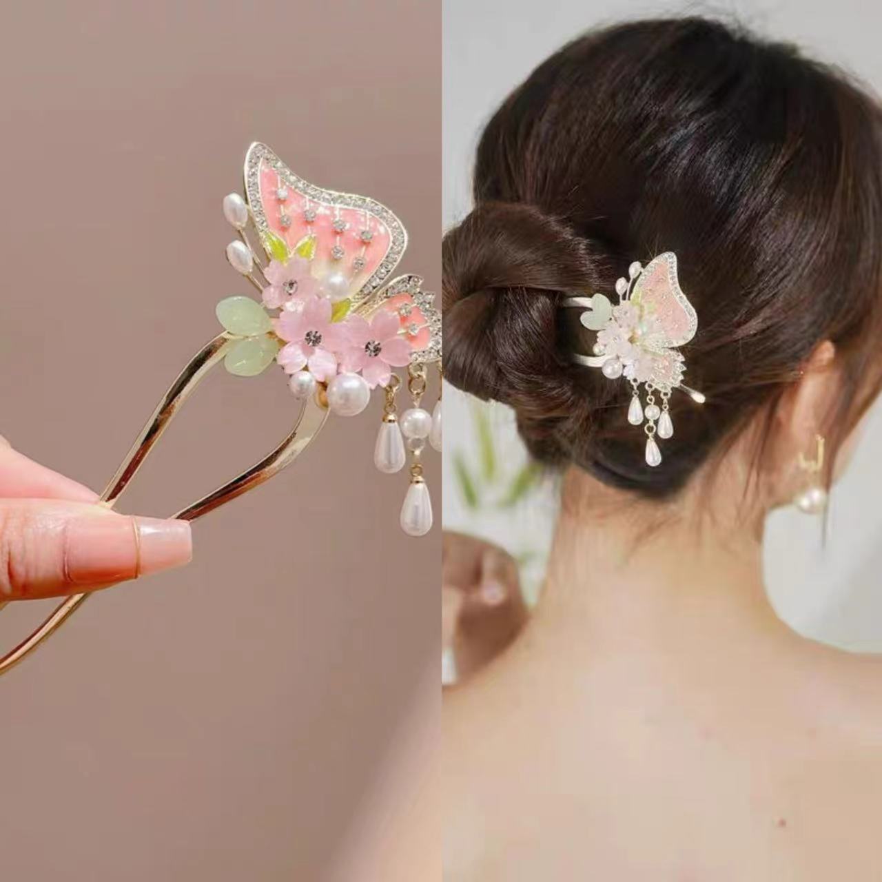 かんざし 簪 Uピン U字型 花 蝶 パール 髪飾り  結婚式 成人式 レディース ヘアアクセサリー 普段使い