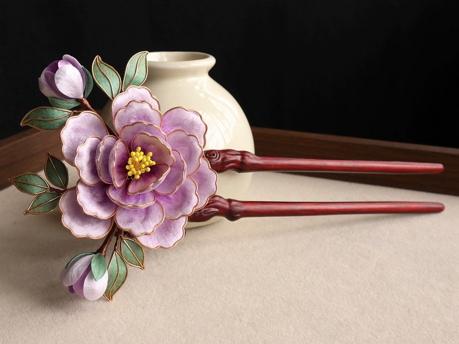 かんざし 簪 檀木 絨花 牡丹 U字 ヘアピン 和風 結婚式 成人式  普段使い