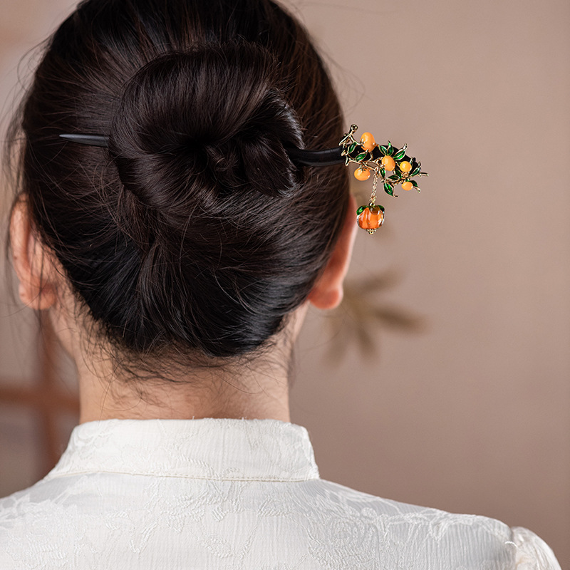 黒檀木 かんざし 簪 天然木 琉璃の柿 一本 レディース 髪飾り 普段使い 和風