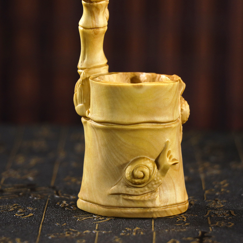 天然木 筆立 ペン立て 置物 柘植 つげ 竹 蝉 木彫り プレゼント